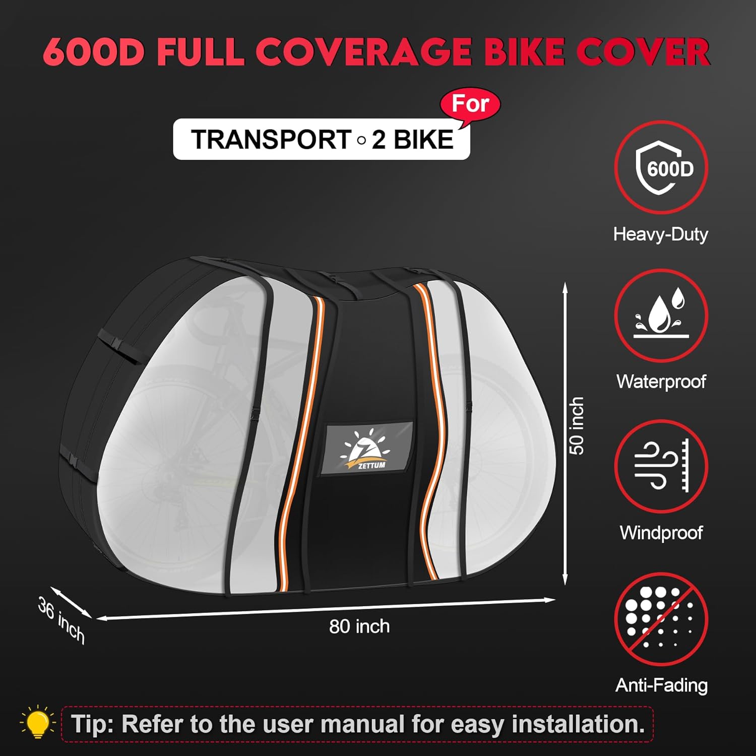 Zettum Waterproof Bike Cover – XL Size for 2 Bikes view 3